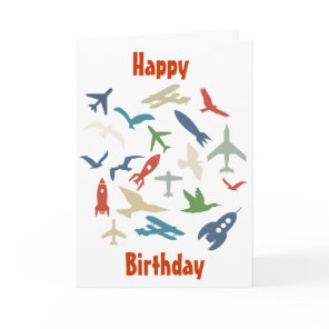 Plane, rockets and birds birthday card