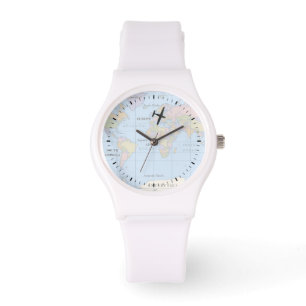 plane silhouette over world map watch