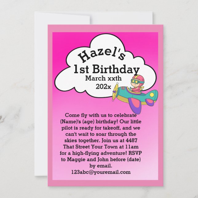 Plane Theme Birthday (Girl) Invitation (Front)