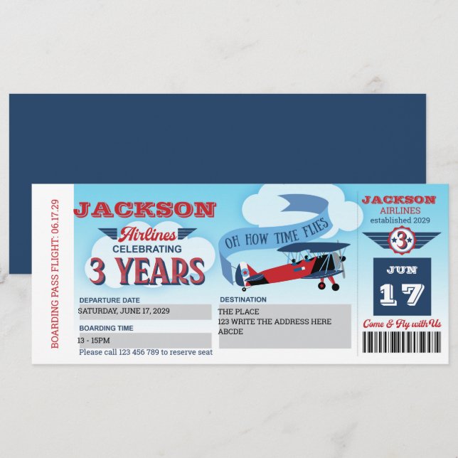 Plane Ticket, Aviation, Airplane, 3rd Birthday Invitation (Front/Back)