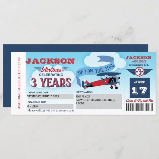 Plane Ticket, Aviation, Airplane, 3rd Birthday Invitation | Zazzle