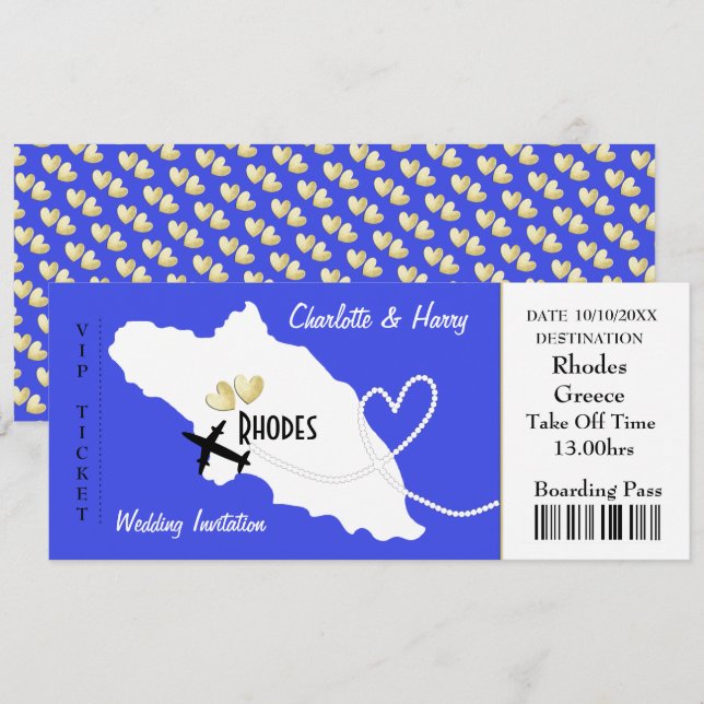 Plane Ticket Boarding Pass To Rhodes Greek Wedding Invitation (Front/Back)