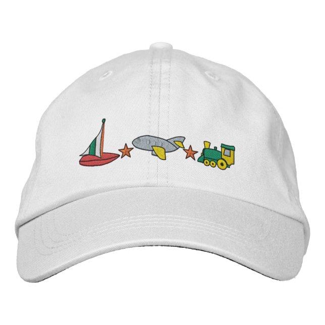 Plane, Train, Sailboat Embroidered Baseball Hat (Front)