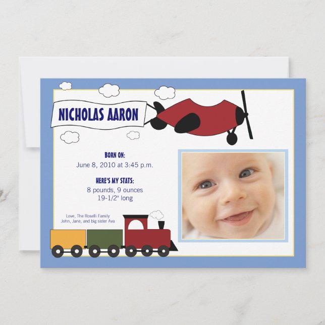 Planes and Trains Birth Announcement (periwinkle) (Front)
