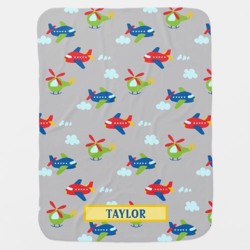 Planes Helicopters  Clouds Artwork Lt Grey Name Baby Blanket