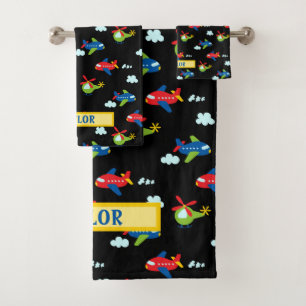 Planes, Helicopters & Clouds Artwork on Black Name Bath Towel Set