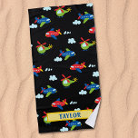 Planes Helicopters & Clouds Artwork on Black, Name Beach Towel<br><div class="desc">Personalize name with planes,  helicopters and clouds pattern artwork on black background. Click “Edit Using Design Tool” to change colors.</div>
