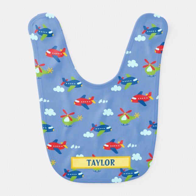 Planes, Helicopters & Clouds Artwork on Blue, Name Baby Bib (Front)
