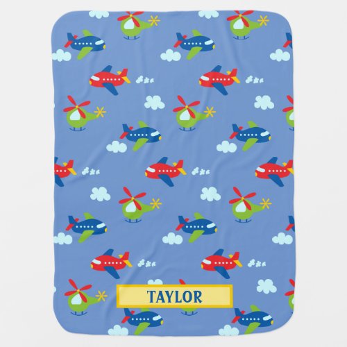 Planes Helicopters  Clouds Artwork on Blue Name Baby Blanket
