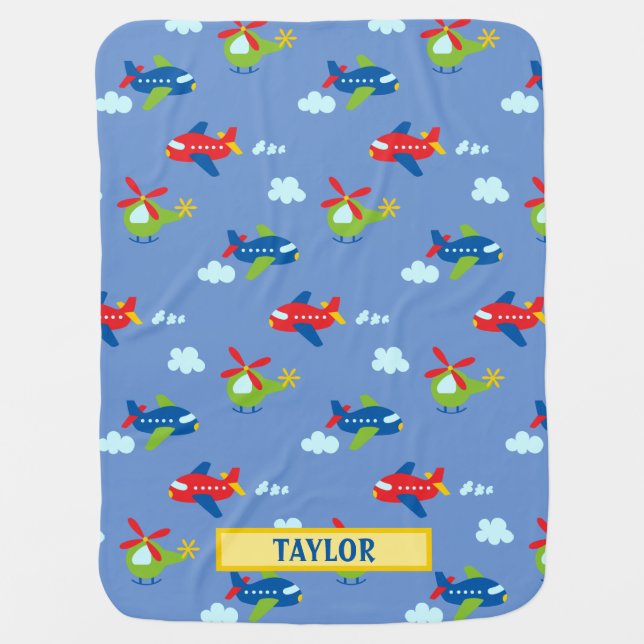 Planes, Helicopters & Clouds Artwork on Blue, Name Baby Blanket (Front)