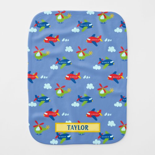 Planes Helicopters  Clouds Artwork on Blue Name Baby Burp Cloth