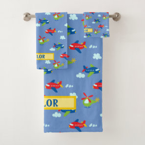 Planes, Helicopters & Clouds Artwork on Blue, Name Bath Towel Set