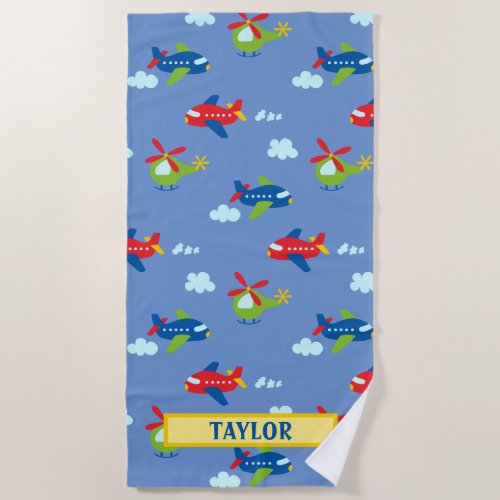 Planes Helicopters  Clouds Artwork on Blue Name Beach Towel
