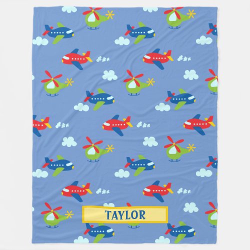 Planes Helicopters  Clouds Artwork on Blue Name Fleece Blanket