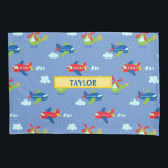 Planes, Helicopters & Clouds Artwork on Blue, Name Pillow Case<br><div class="desc">Personalize name with planes,  helicopters and clouds pattern artwork on blue background. Click “Edit Using Design Tool” to change colors.</div>