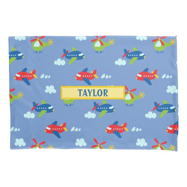 Planes, Helicopters & Clouds Artwork on Blue, Name Pillow Case (Front)