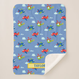 Planes, Helicopters & Clouds Artwork on Blue, Name Sherpa Blanket