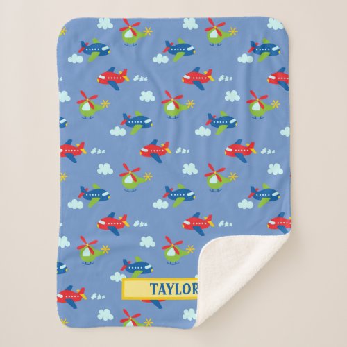 Planes Helicopters  Clouds Artwork on Blue Name Sherpa Blanket