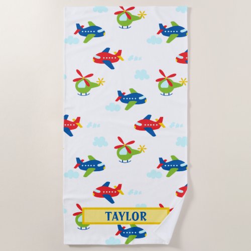 Planes Helicopters Clouds Artwork on White Name Beach Towel