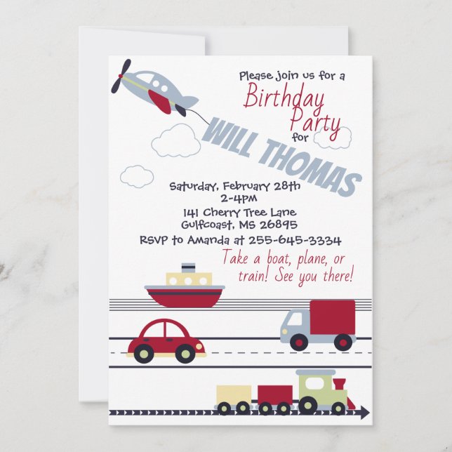 Planes, Trains, and Cars Baby Shower Invitation (Front)