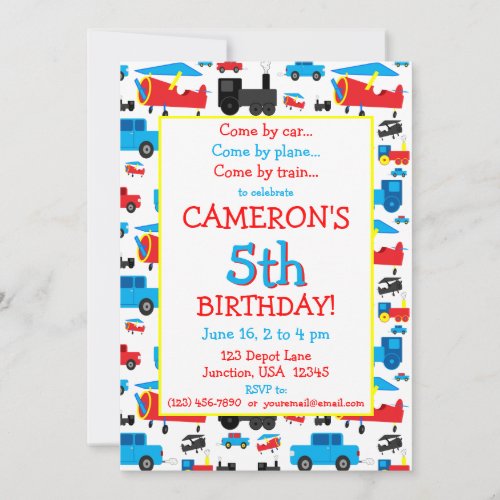 Planes Trains and Cars Transportation Birthday Invitation