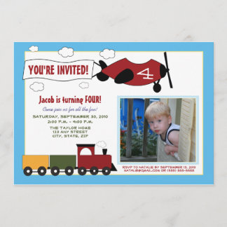 Planes & Trains Birthday Party Invite (blue)