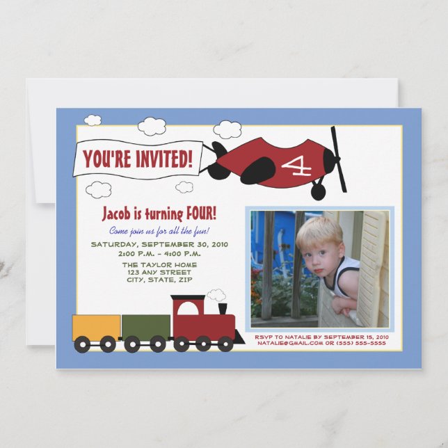 Planes & Trains Birthday Party Invite (periwinkle) (Front)