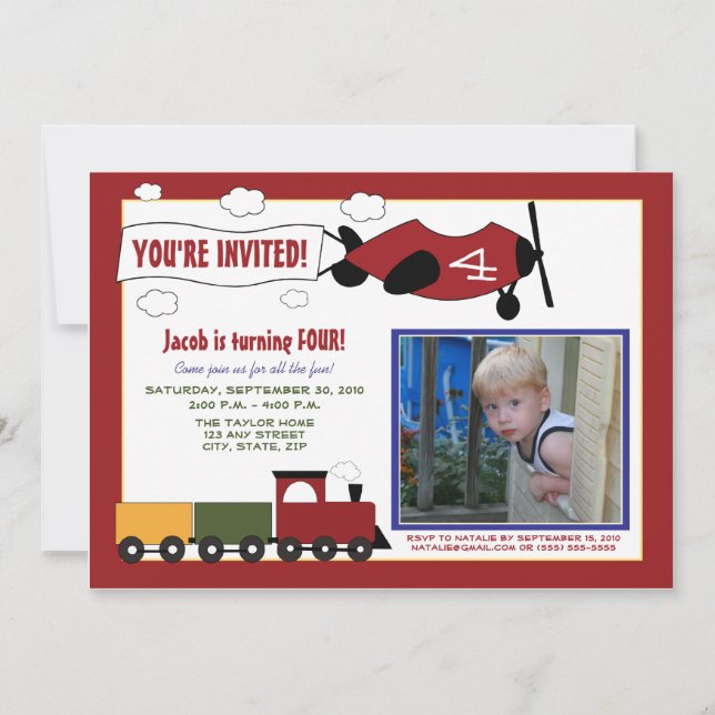 Planes & Trains Birthday Party Invite (red) (Front)