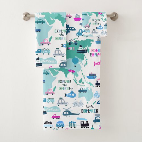 Planes Trains Boats Cars Word Traveler Map Bath Towel Set