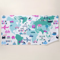 Planes Trains Boats Cars Word Traveler Map Beach Towel