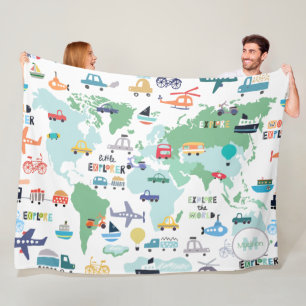 Planes Trains Boats Cars Word Traveler Map Fleece Blanket