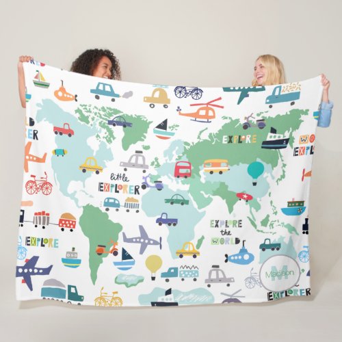 Planes Trains Boats Cars Word Traveler Map Fleece Blanket