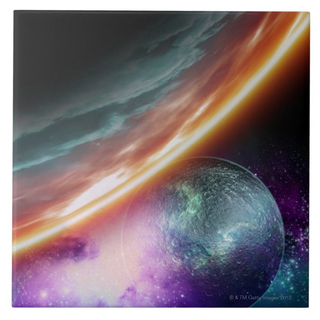 Planet and its moon. Computer artwork of an Tile (Front)