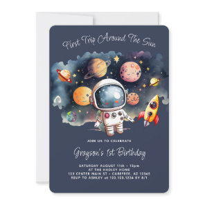 Planet and Rocket First Birthday Invitation