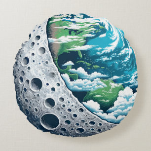 Planet Earth and Its Moon: Celestial Wonder Round Pillow
