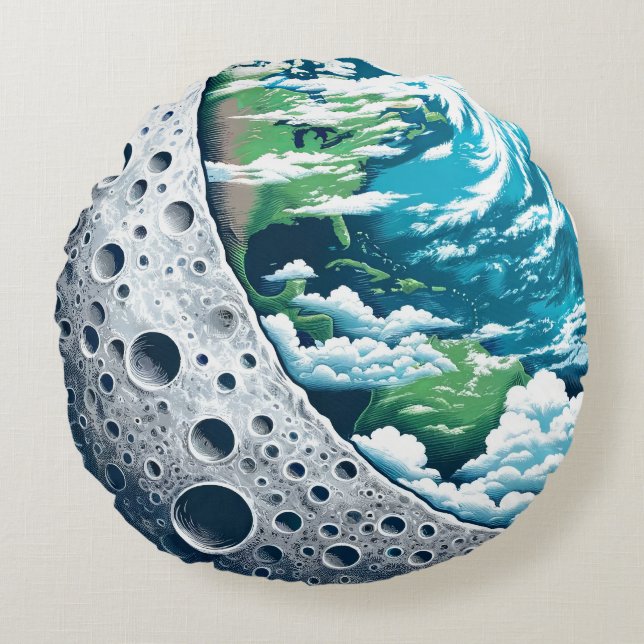 Planet Earth and Its Moon: Celestial Wonder Round Pillow (Front)