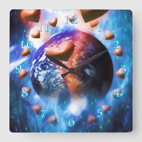 PLANET EARTH HEARTS A SOARING SQUARE WALL CLOCK