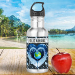Planet Earth Hydration Green Blue Heart Stainless Steel Water Bottle<br><div class="desc">A reusable,  stainless steel water bottle with a design of planet Earth providing a spring of water in a love-heart shape. The background features rain drops and the word 'hydrate' in a repeating pattern. Personalize with a name above the planet picture for a stylish and useful gift.</div>