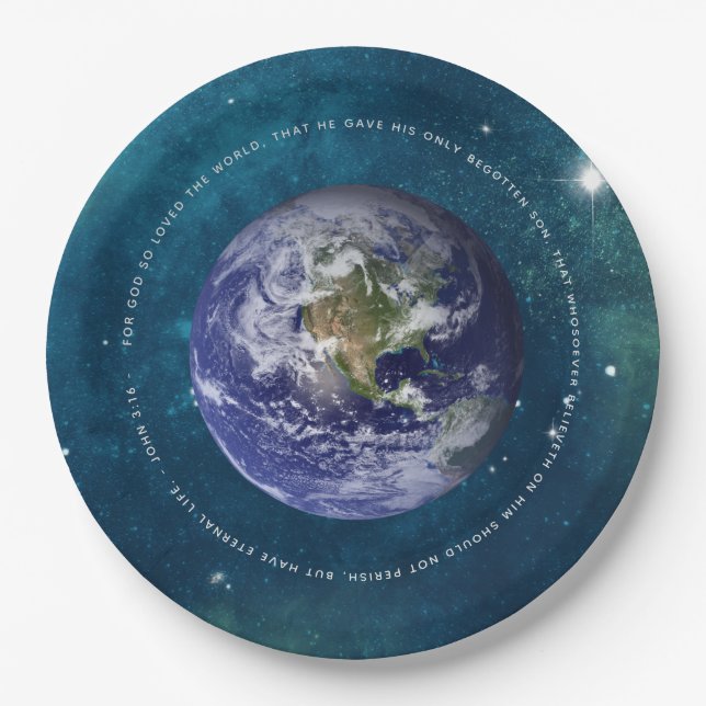 Planet Earth in Space  Christian John 3:16 - Jesus Paper Plates (Front)