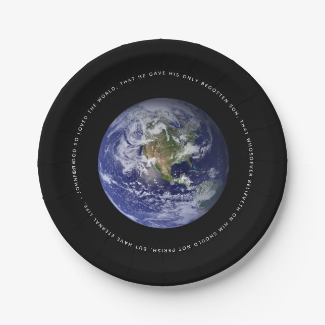 Planet Earth in Space - Christian  John 3:16 Paper Plates (Front)