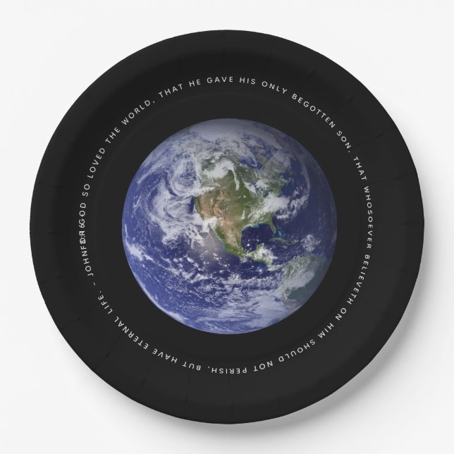 Planet Earth in Space - Christian  John 3:16 Paper Plates (Front)