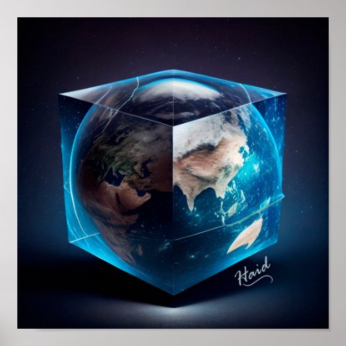 Planet Earth in the shape of a cube _ AI Poster