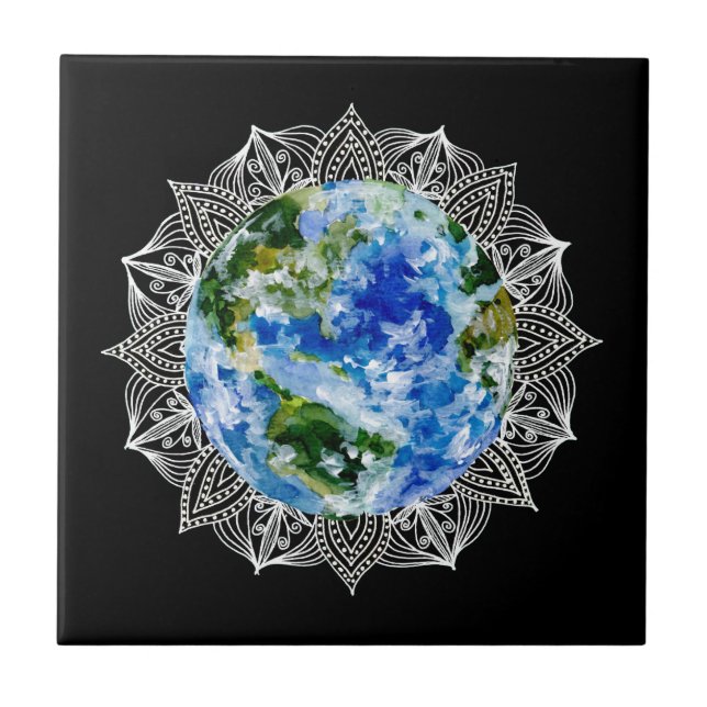 Planet Earth Mandala Black Ceramic Tile (Front)