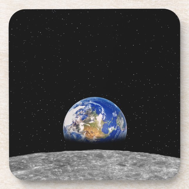 Planet earth rising over Moon Beverage Coaster (Front)