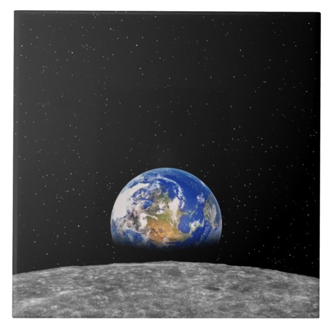 Planet earth rising over Moon Ceramic Tile (Front)