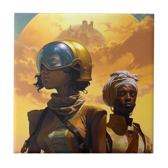 Planet Explorers Afrofuturistic Science Fiction Ceramic Tile (Front)
