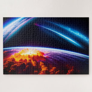 Planet Explosion Under Cosmic Space Light Show Jigsaw Puzzle