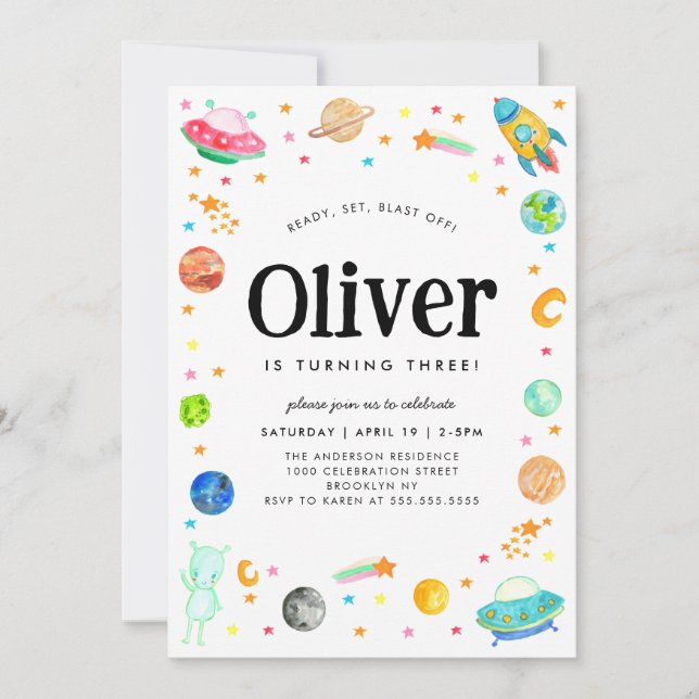 Planet Galaxy Spaceship Alien Outer Space Birthday Invitation (Front)