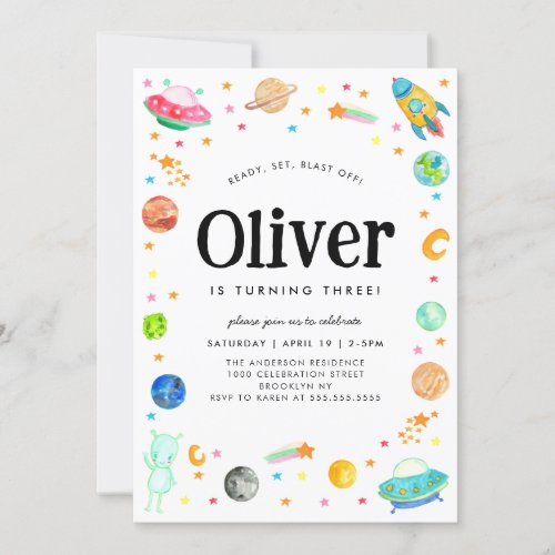 Planet Galaxy Spaceship Alien Outer Space Birthday Invitation