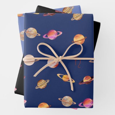 Planet Saturn Mixed Color Blue and Black  Wrapping Paper Sheets